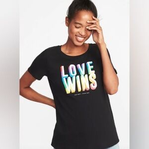 Old Navy Black Tee with Colorful 'Love Wins' Graphic